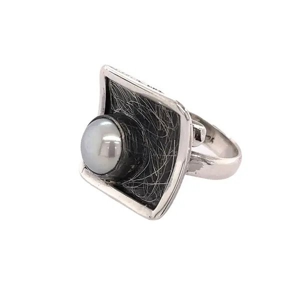 Silver Square Top and Pearl Adjustable Ring Oxidized