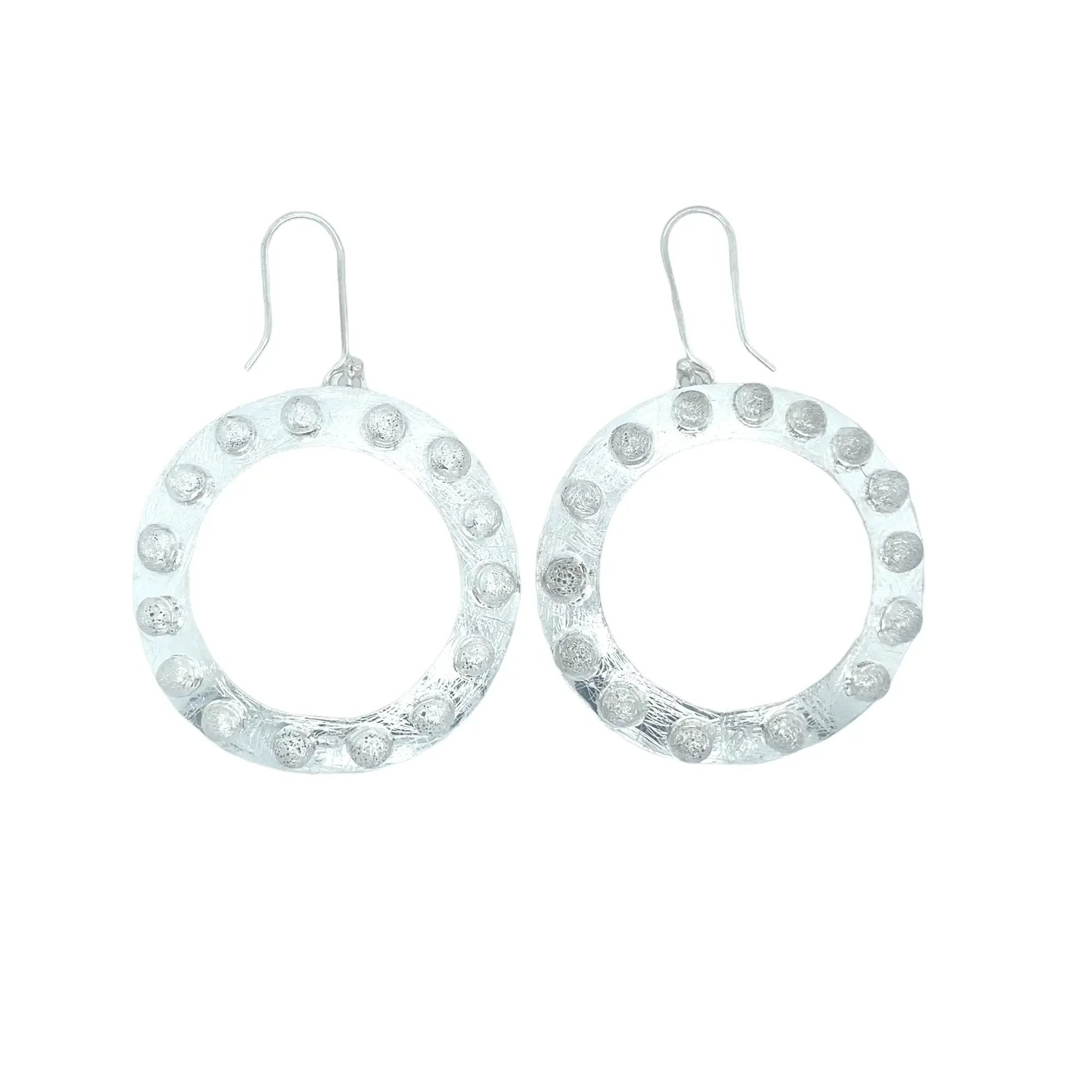 Silver Circular Dangle Earrings with Beading Brushed Finish