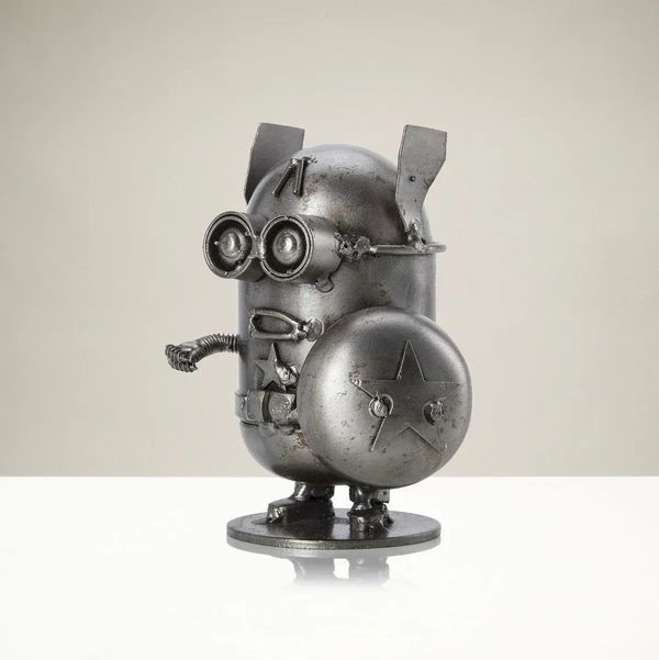 Closeup photo of Minion Captain America Inspired Recycled Metal Sculpture