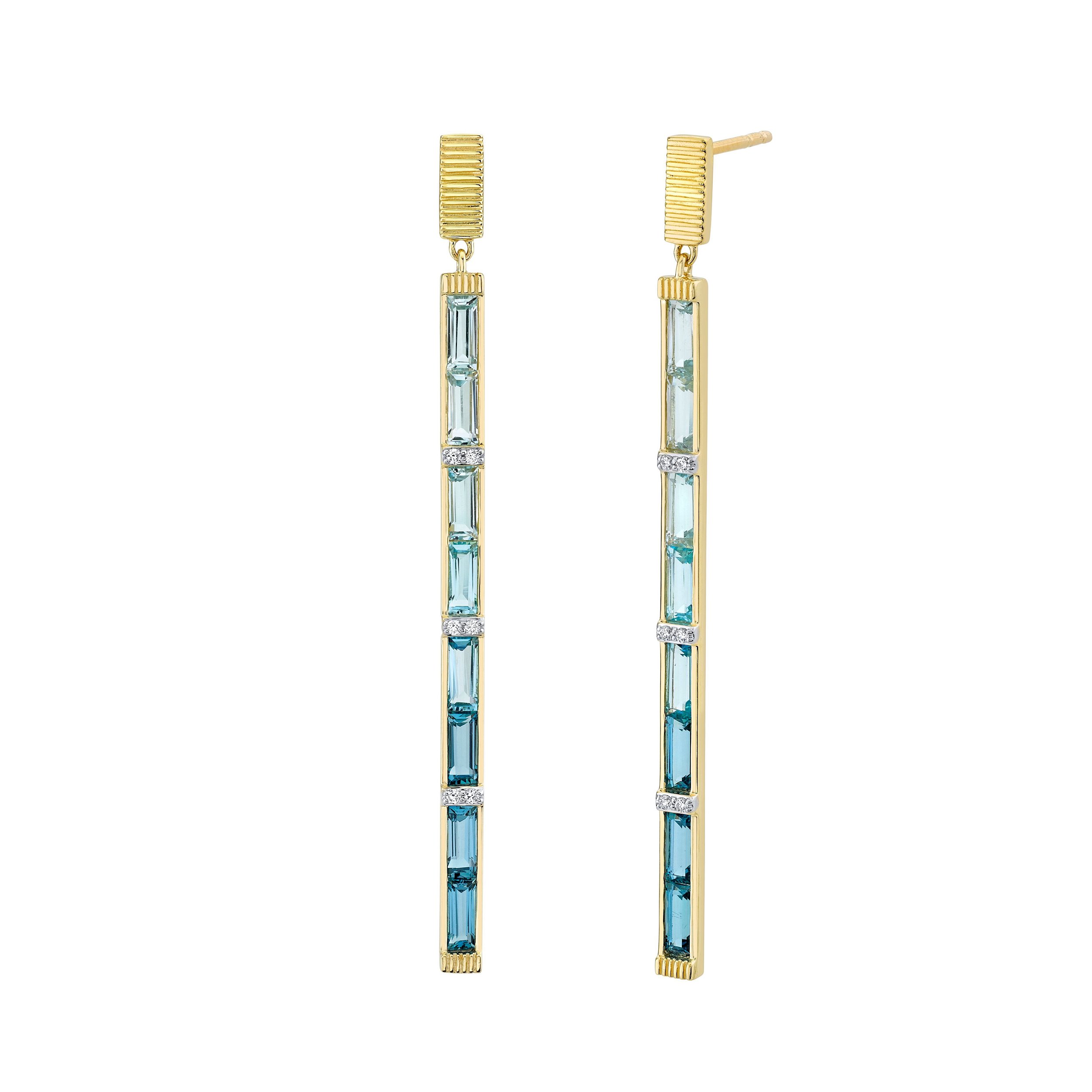 OMBRE BLUE TOPAZ BAGUETTE STICK EARRING WITH WHITE DIAMOND DETAIL AND STRIE POST