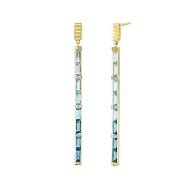 Shot of OMBRE BLUE TOPAZ BAGUETTE STICK EARRING WITH WHITE DIAMOND DETAIL AND STRIE POST