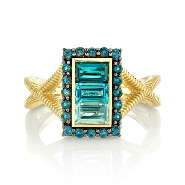 Shot of OMBRE BLUE TOPAZ BAGUETTE RING WITH A LONDON BLUE TOPAZ HALO