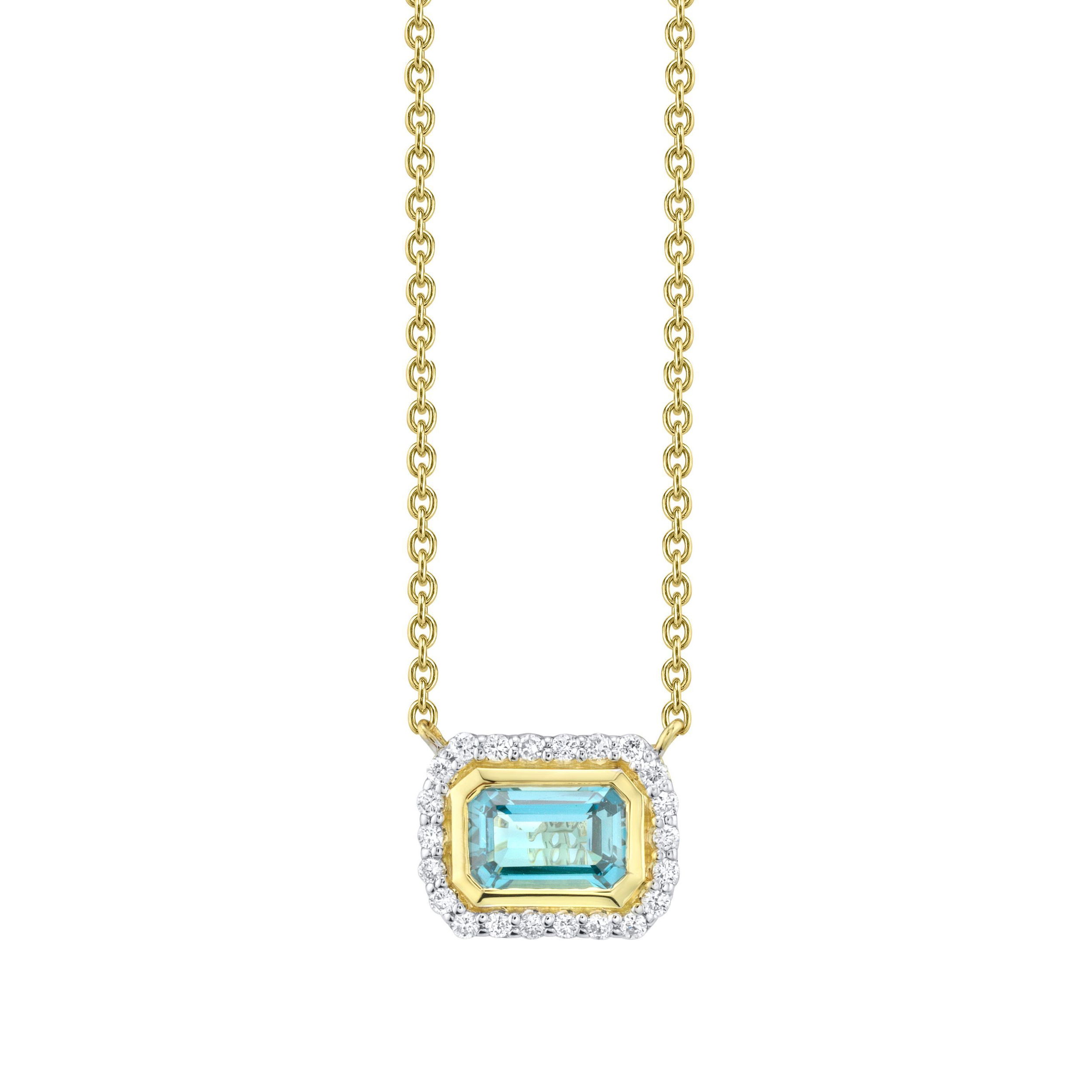 EMERALD CUT SKY BLUE TOPAZ PENDANT WITH WHITE DIAMOND