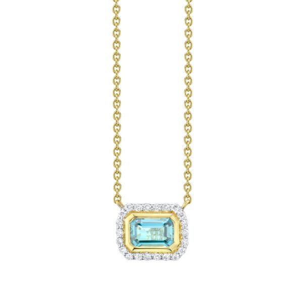 Shot of EMERALD CUT SKY BLUE TOPAZ PENDANT WITH WHITE DIAMOND