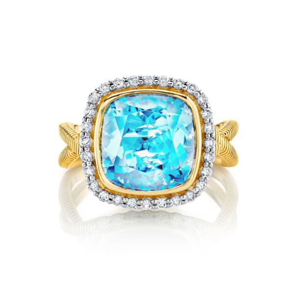 Shot of BLUE TOPAZ RING WITH WHITE DIAMOND HALO