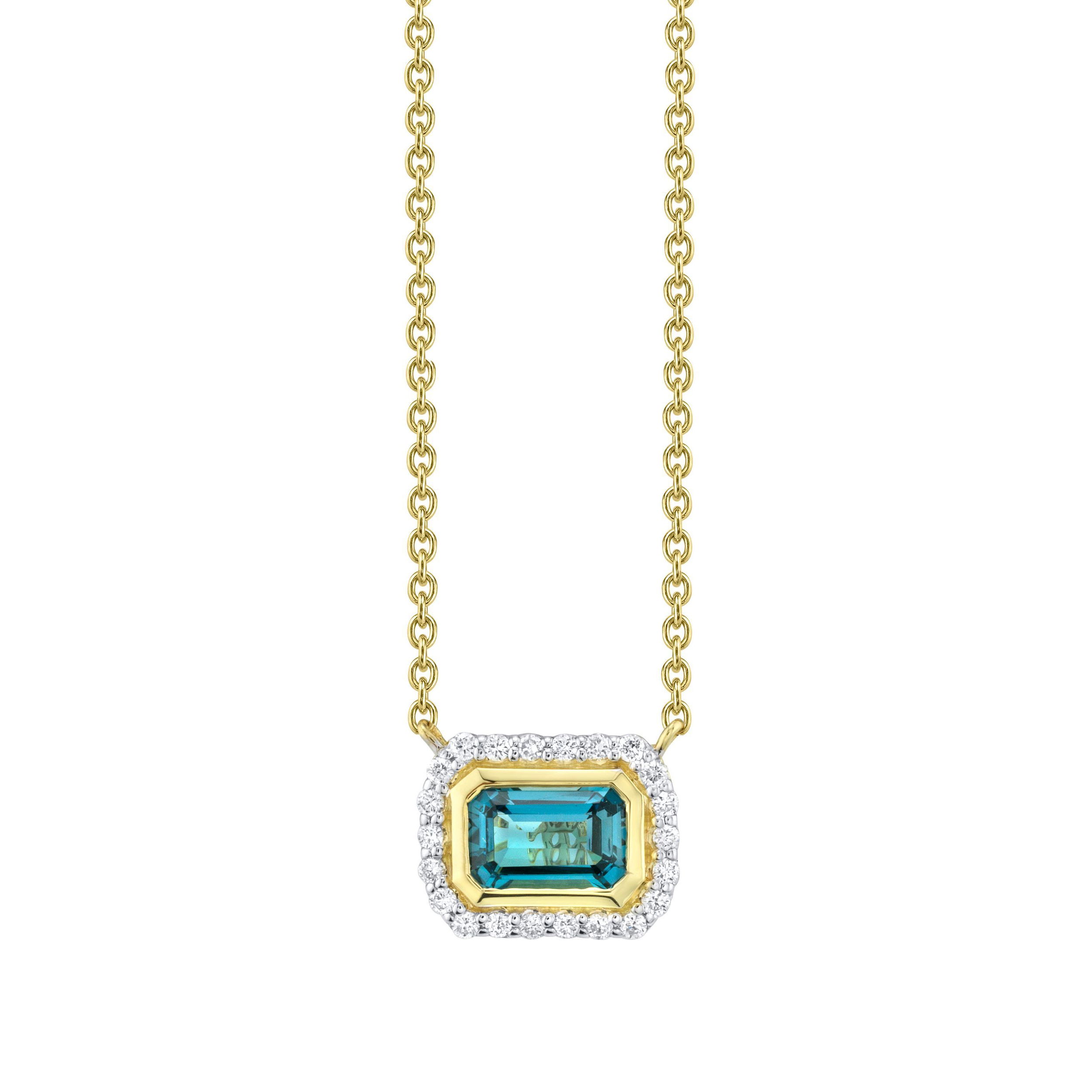 EMERALD CUT LONDON BLUE TOPAZ PENDANT WITH WHITE DIAMOND