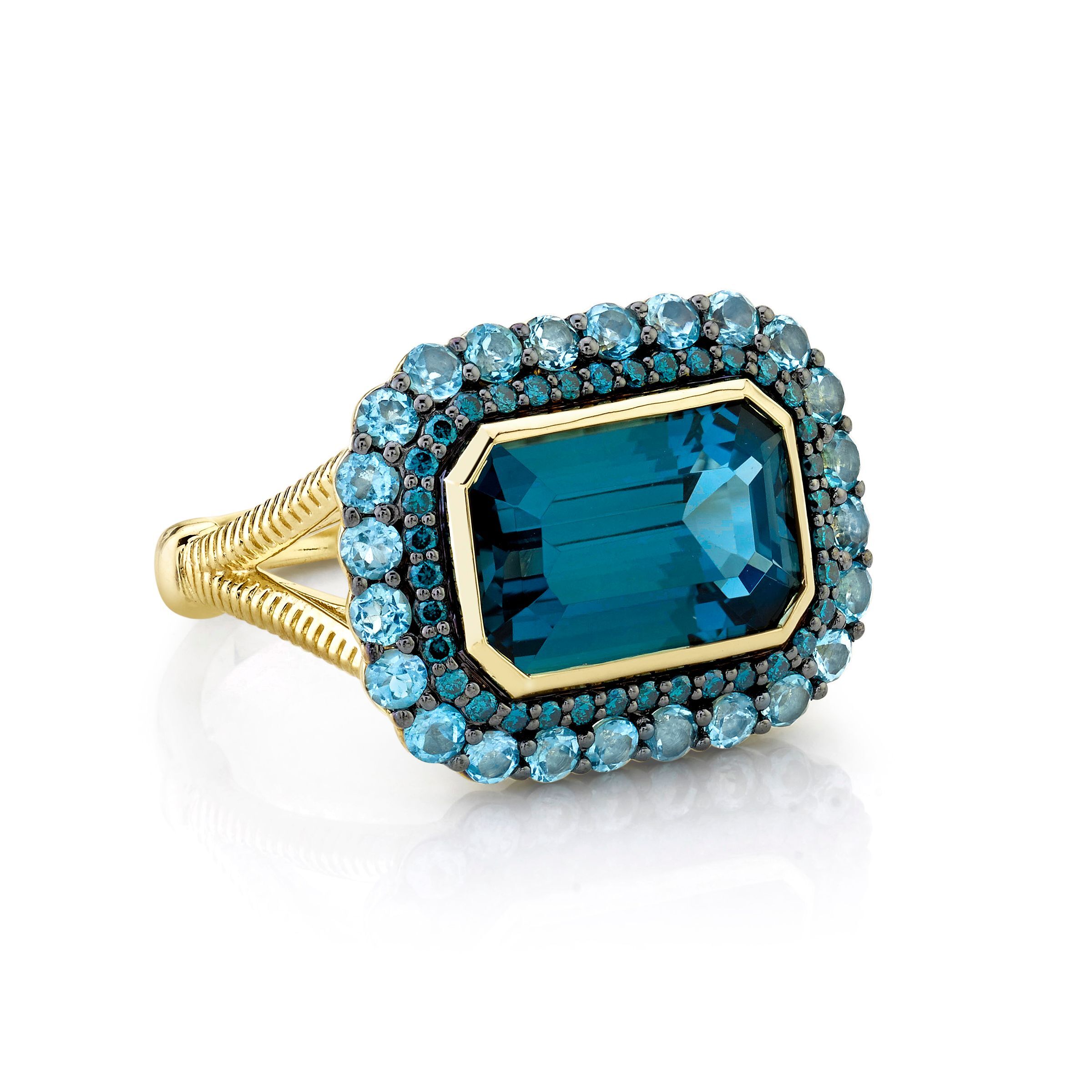 LONDON BLUE TOPAZ RING WITH BLUE DIAMOND AND SWISS BLUE TOPAZ HALOS