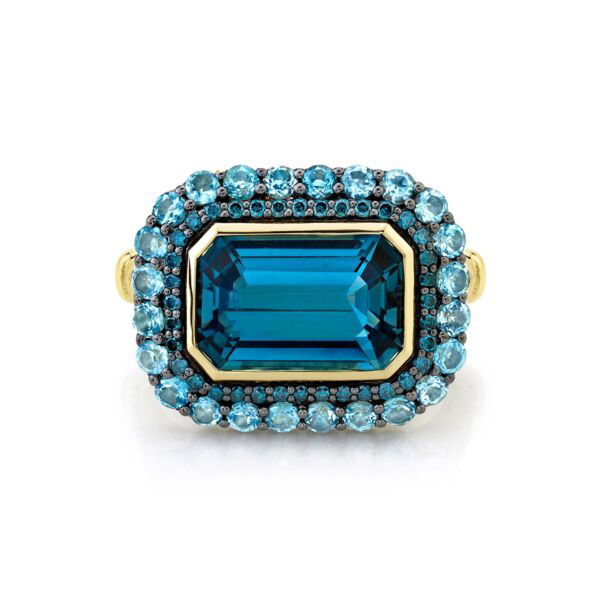 Shot of LONDON BLUE TOPAZ RING WITH BLUE DIAMOND AND SWISS BLUE TOPAZ HALOS