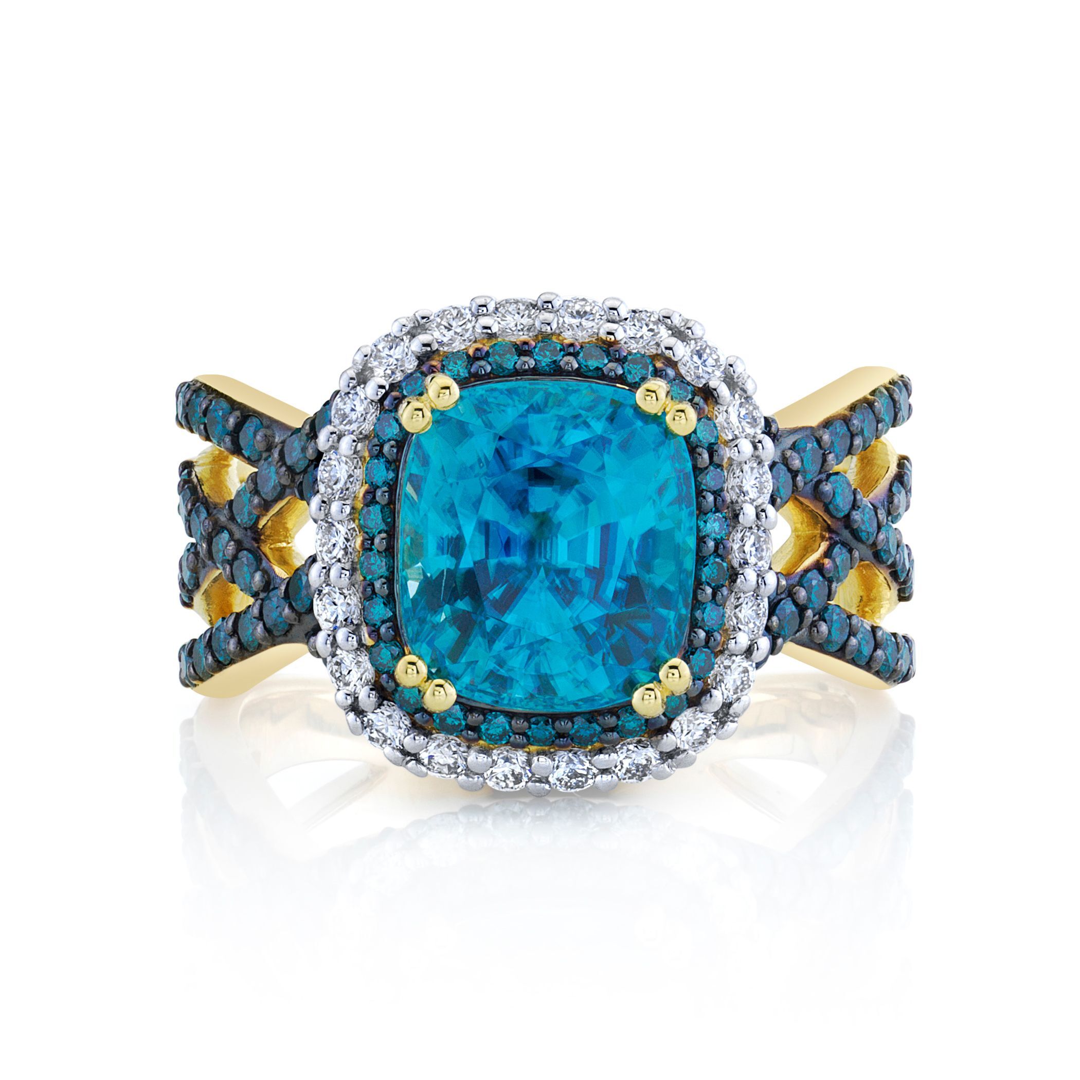 BLUE ZIRCON CUSHION RING WITH BLUE DIAMOND AND WHITE DIAMOND HALOS