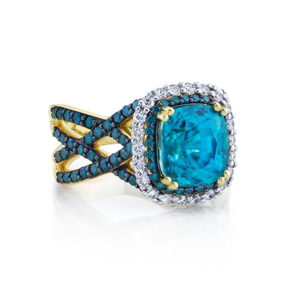 Another shot of BLUE ZIRCON CUSHION RING WITH BLUE DIAMOND AND WHITE DIAMOND HALOS