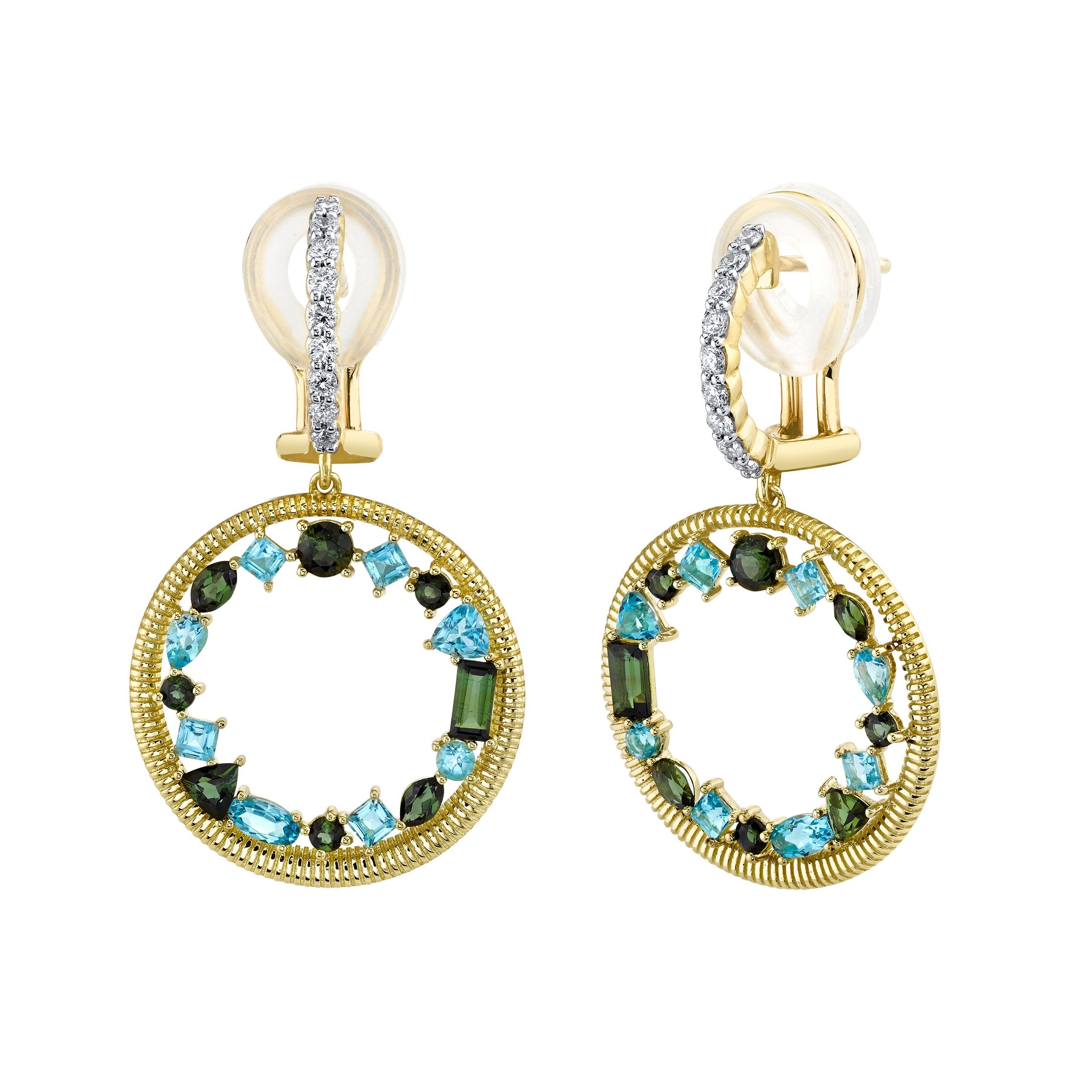 STREET STRIE ROUND OPEN EARRING WITH A COMBINATION OF GREEN TOURMALINE AND SWISS BLUE TOPAZ