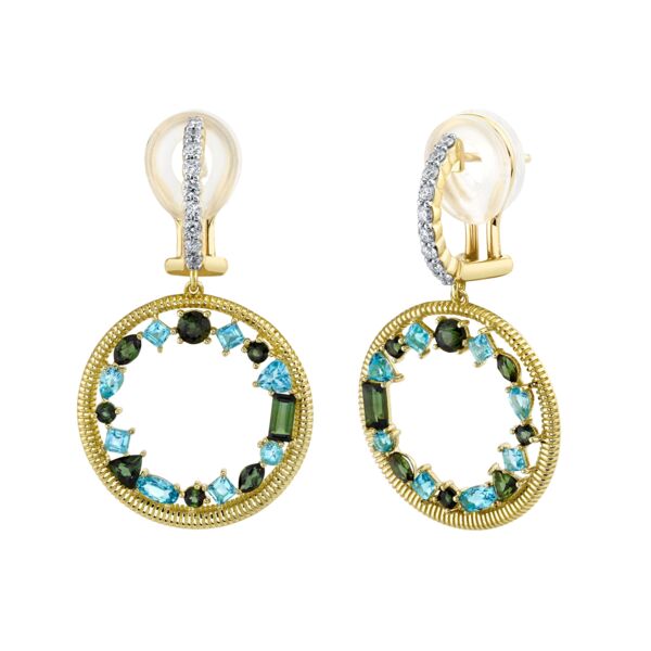 Shot of STREET STRIE ROUND OPEN EARRING WITH A COMBINATION OF GREEN TOURMALINE AND SWISS BLUE TOPAZ