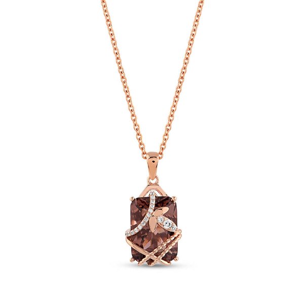 Closeup photo of Morganite CZ Cross and Leaf Rose Gold Vermeil Pendant on Chain