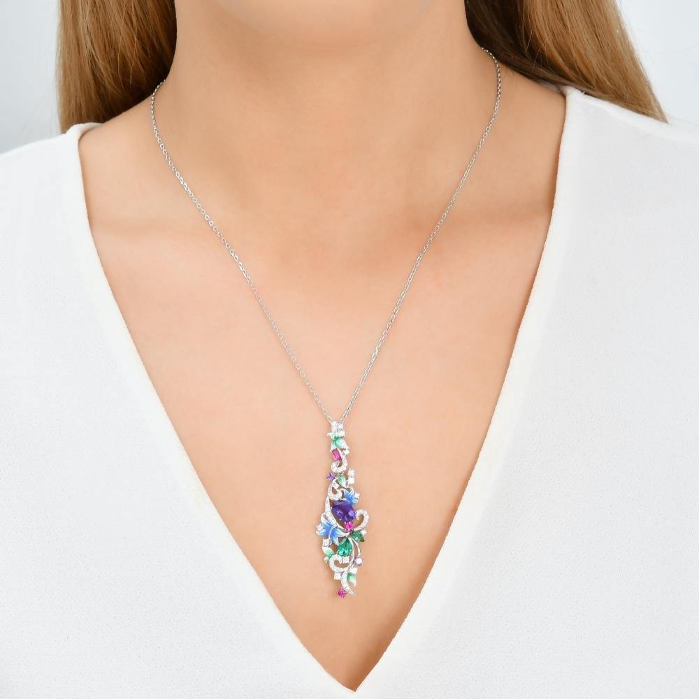 Green, Purple and Pink CZ Flowers Sterling Silver Pendant on Adj Chain