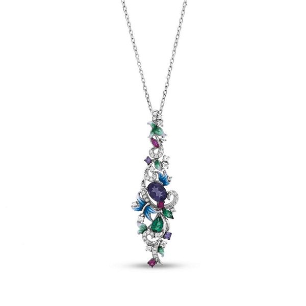 Closeup photo of Green, Purple and Pink CZ Flowers Sterling Silver Pendant on Adj Chain