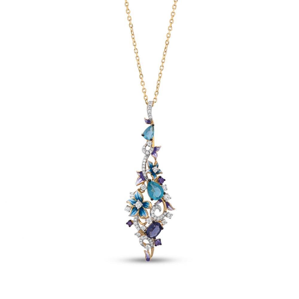 Blue and Purple CZ with Enamel Flowers Gold Pendant on Adj Chain
