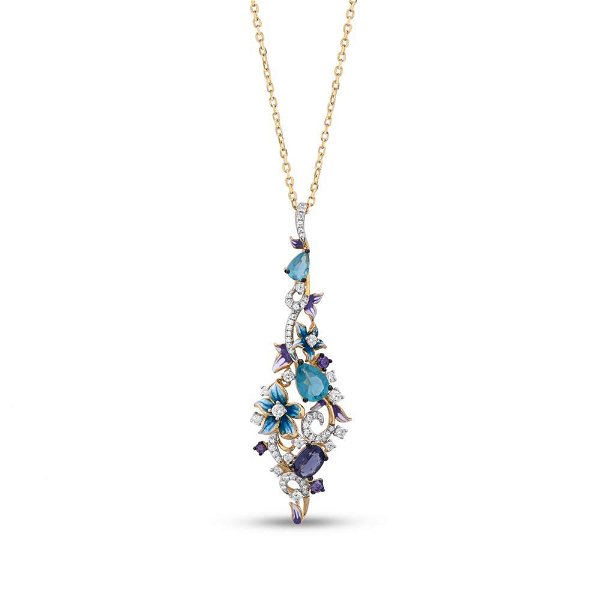Closeup photo of Blue and Purple CZ with Enamel Flowers Gold Pendant on Adj Chain