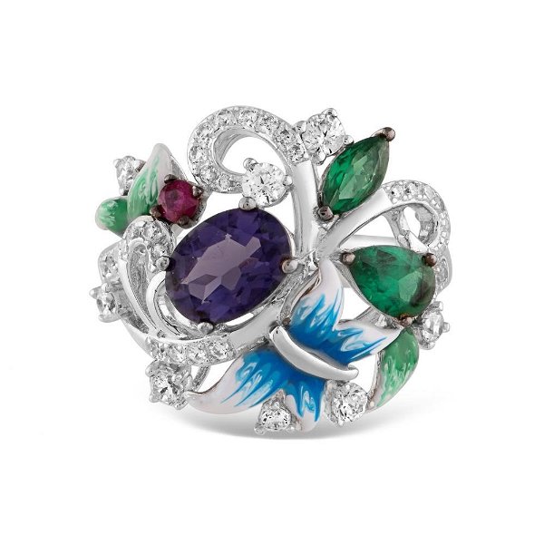 Closeup photo of Purple, Green and Pink CZs and Enamel Sterling Silver Ring