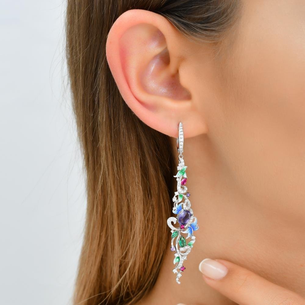 Purple, Green and Pink CZ with Enamel Sterling Silver Earrings