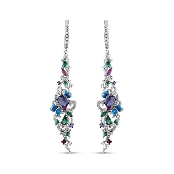 Closeup photo of Purple, Green and Pink CZ with Enamel Sterling Silver Earrings