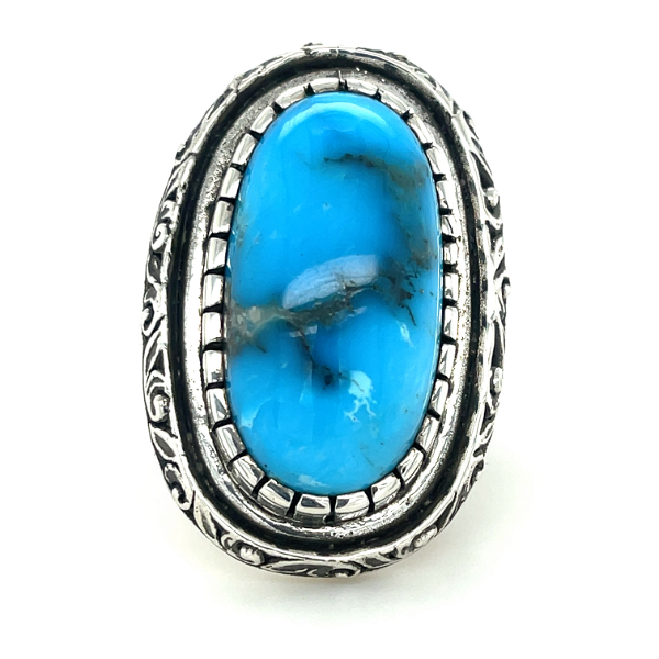 Closeup photo of Sterling Silver ring w/ Kingman Turquoise by GL Miller & Valdez