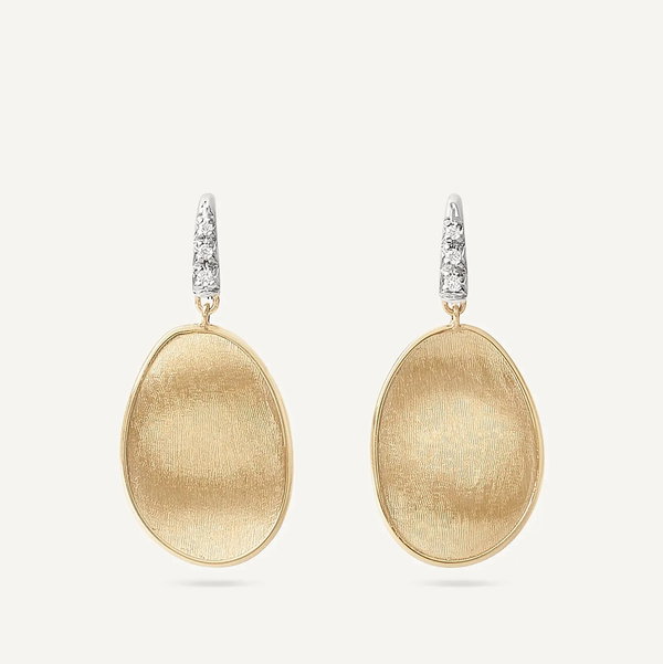 Closeup photo of 18K Yellow Gold Petal Drop Earrings with Diamonds, Small