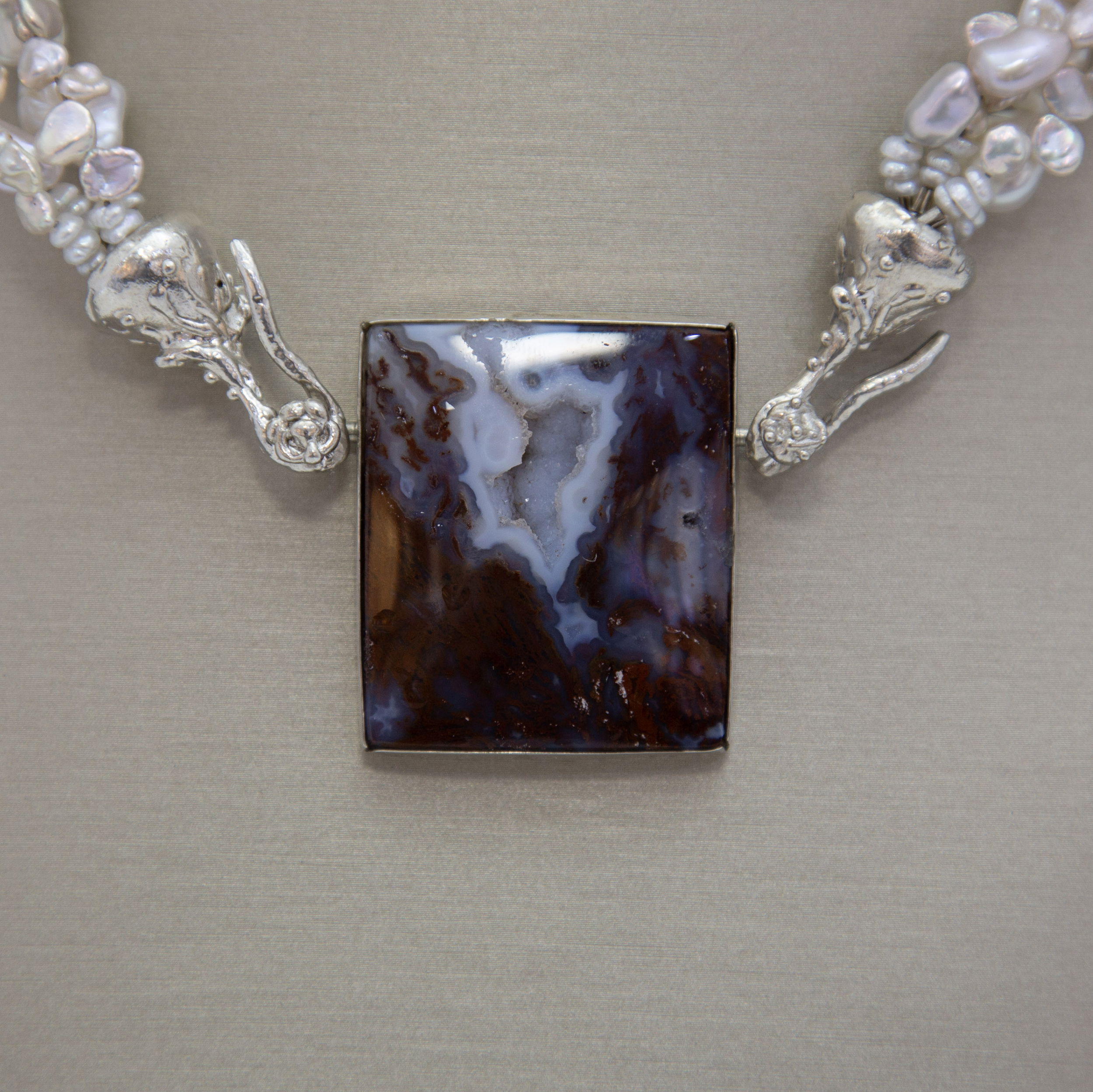 Twisted Multi-Strand Pearls with Red Moss Agate Pendant (from Sonoran Desert)