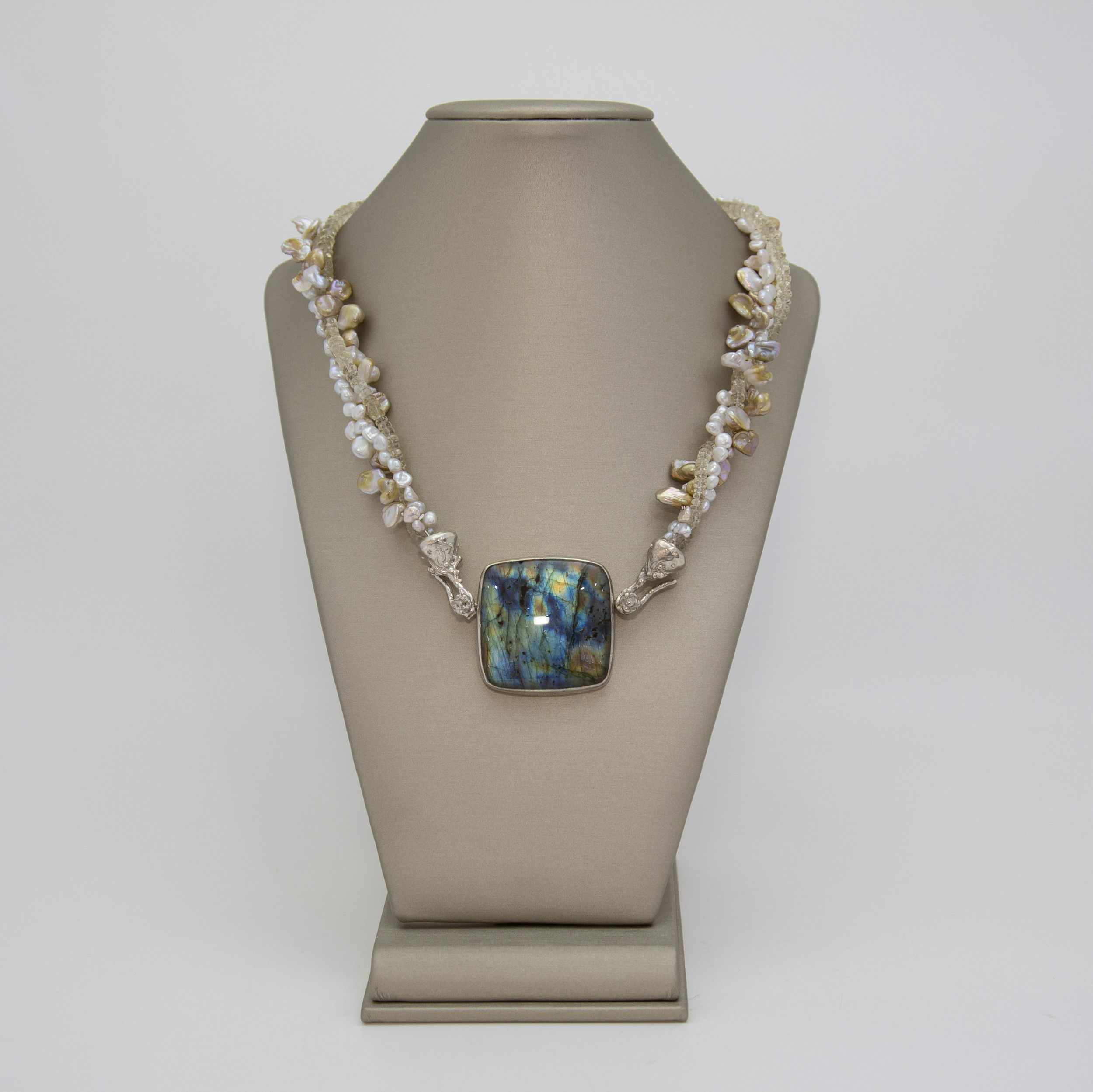 Twisted Pearl Multi Strand with Custom Sterling End Hooks and Removable Labradorite Pendant