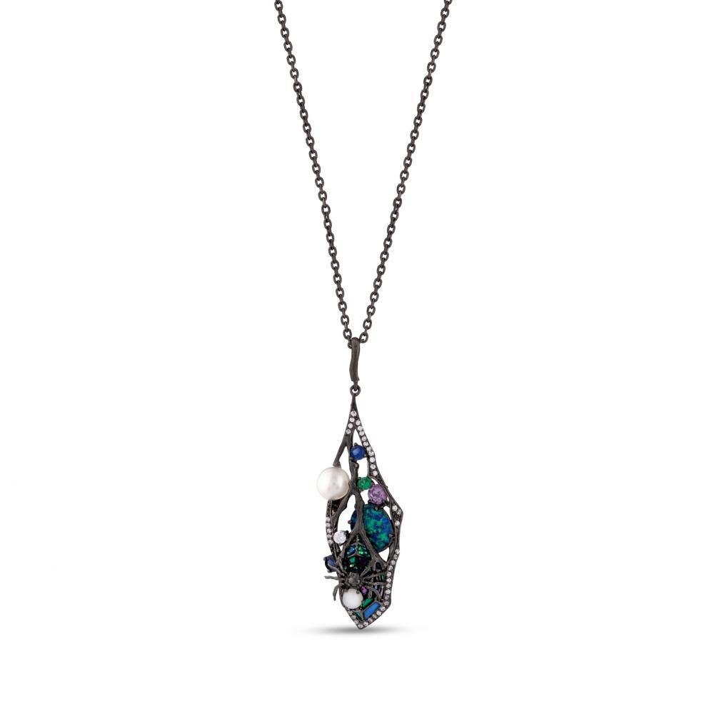 Opal, Pearl, Moonstone and CZ Spider Black Rhodium SS Necklace