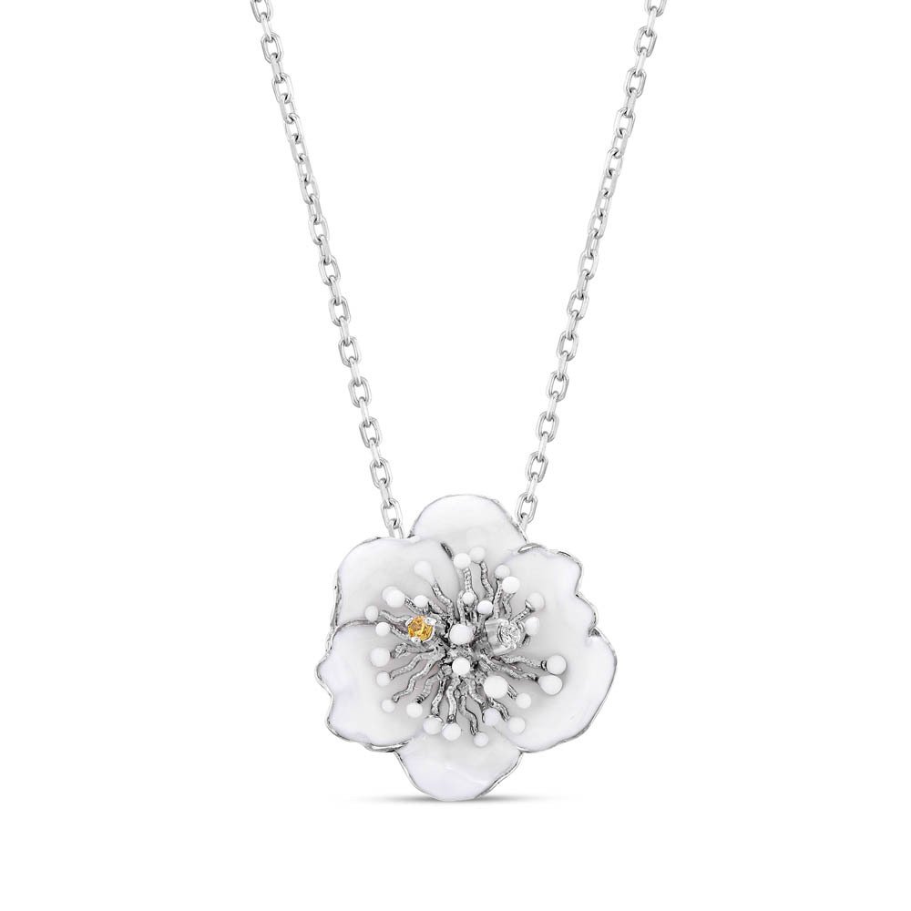 White Enamel Flower with Yellow and Clear CZs SS Pendant on Adjustable Chain
