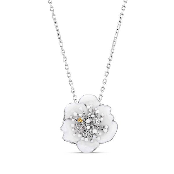 Closeup photo of White Enamel Flower with Yellow and Clear CZs SS Pendant on Adjustable Chain