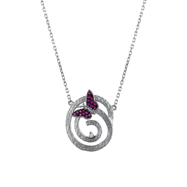 Closeup photo of Pink CZ Butterfly on Hammered SS Spiral Pendant on Adjustable Chain