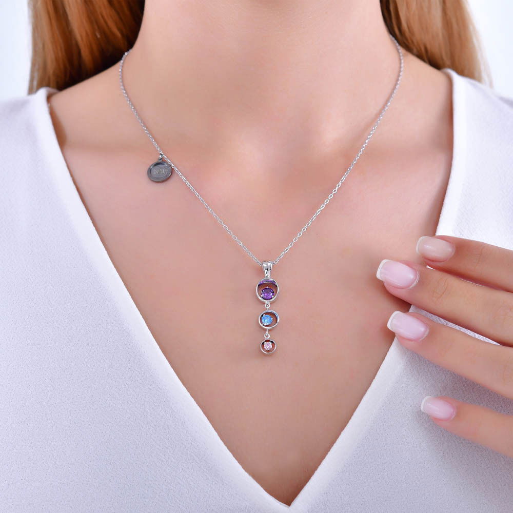 Three Circle with CZ Drop Pendant on Adjsuastable Chain Three Circle with CZ Drop Pendant on Adjsuastable Chain