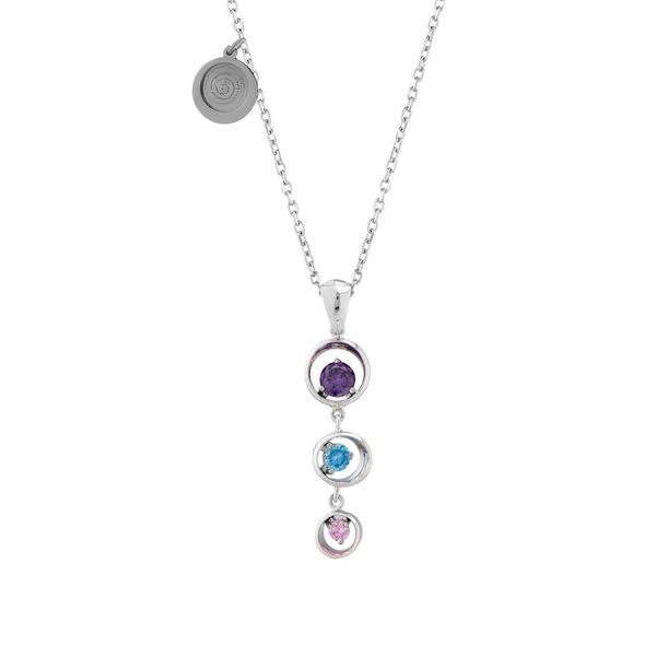 Closeup photo of Three Circle with CZ Drop Pendant on Adjsuastable Chain