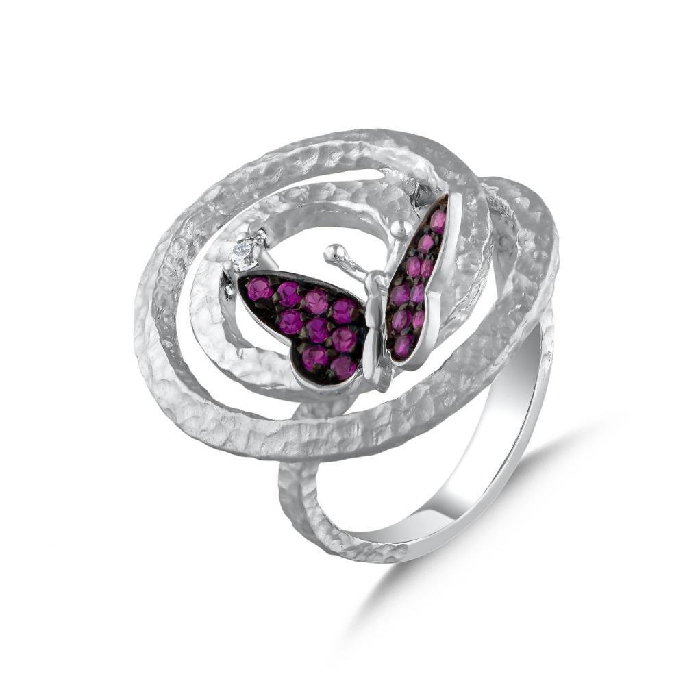 Pink CZ Butterfly on Hammered Spiral SS Ring