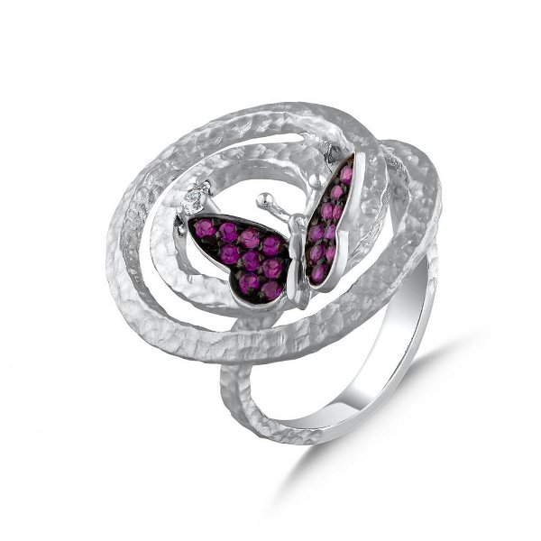 Closeup photo of Pink CZ Butterfly on Hammered Spiral SS Ring