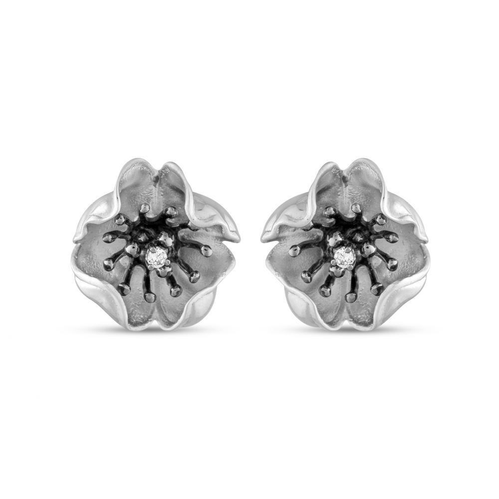 Flower with Black Rhodium and CZ Center SS Post Earrings