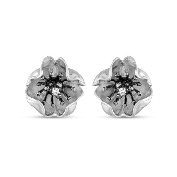 Closeup photo of Flower with Black Rhodium and CZ Center SS Post Earrings