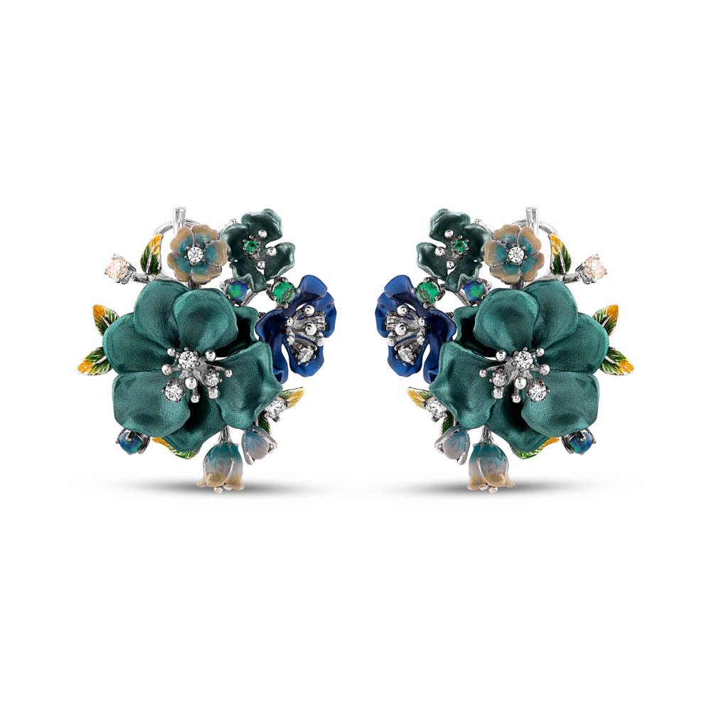 Green and Blue Flowers with Opalite and CZ SS Post Earrings