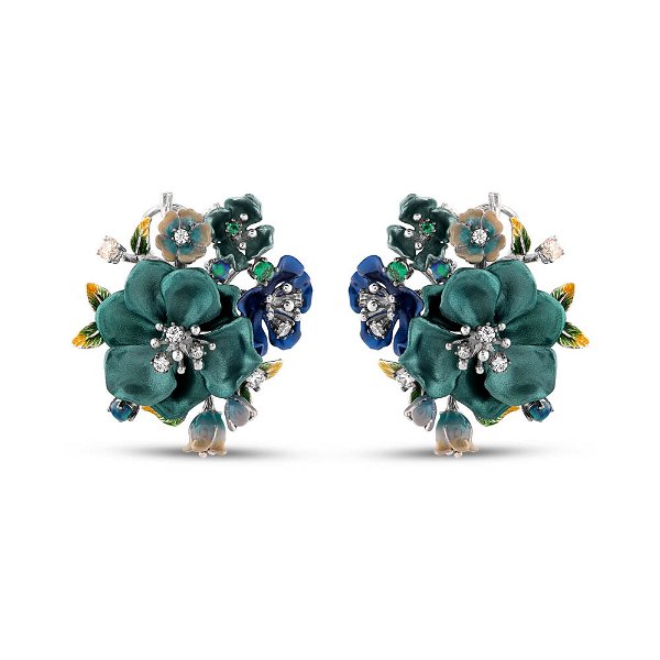 Closeup photo of Green and Blue Flowers with Opalite and CZ SS Post Earrings