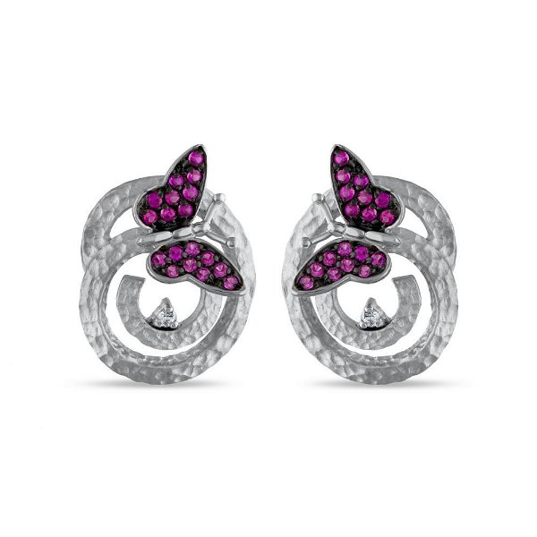 Closeup photo of Pink CZ Butterfly on Hammered Spiral SS Post Earrings