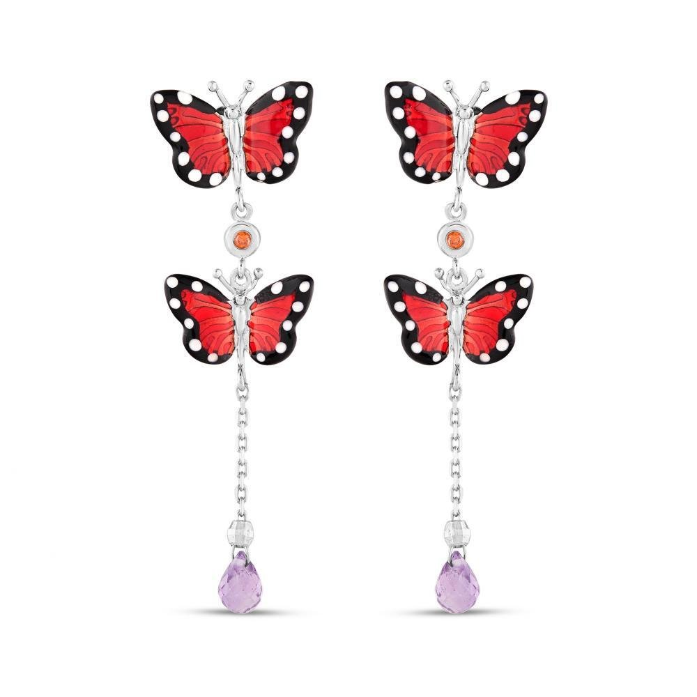 Red and Black Enamel Butterfly with Crystal Drop SS Post Earrings