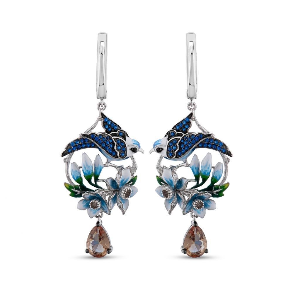 Blue Bird CZ and White and Blue Flowers Sterling Silver Earrings