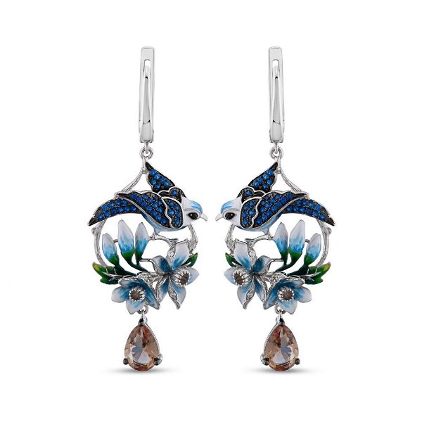 Closeup photo of Blue Bird CZ and White and Blue Flowers Sterling Silver Earrings