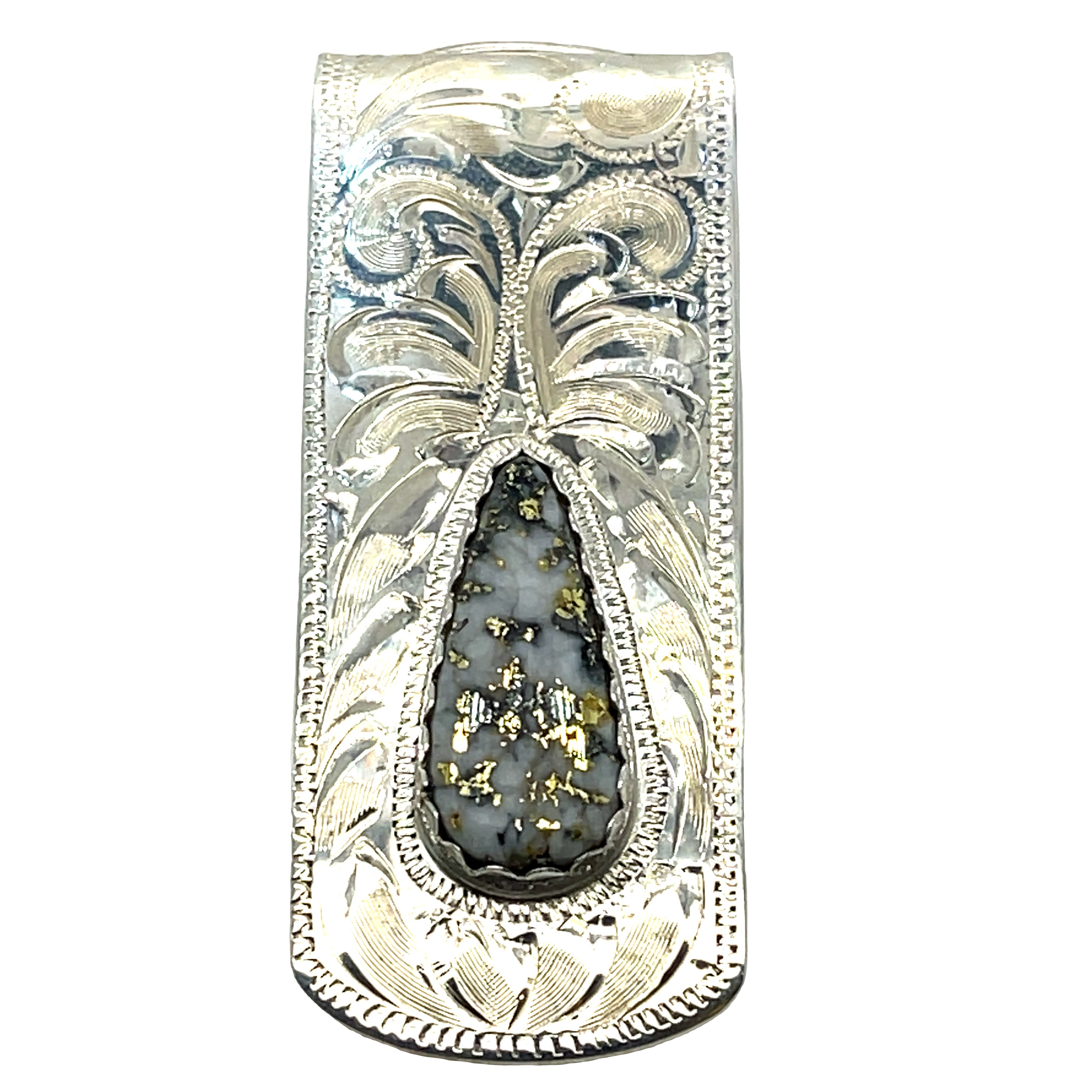 Hand Engraved Gold Quartz Money Clip