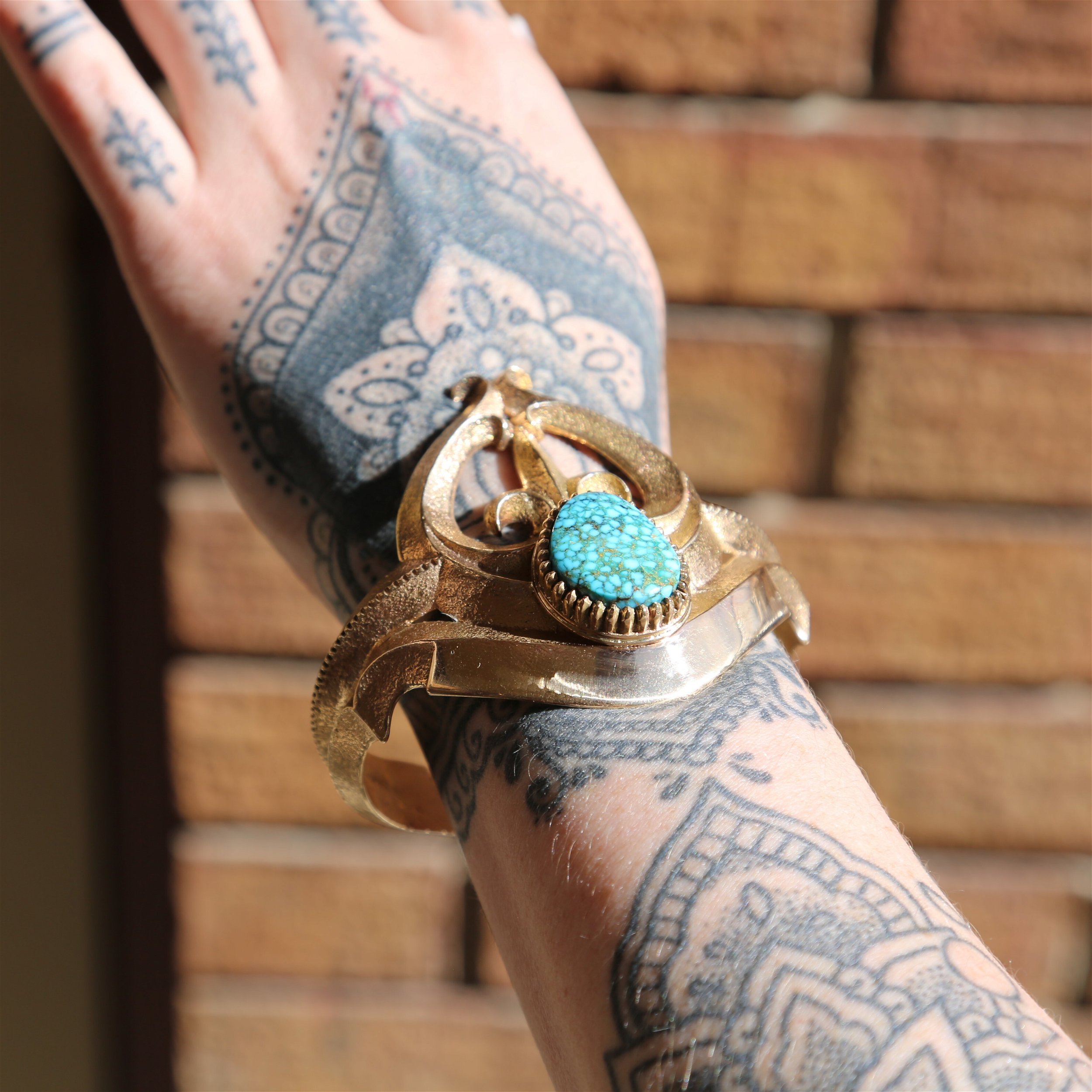 14k YG w/ Sand Casted Turquoise Cuff