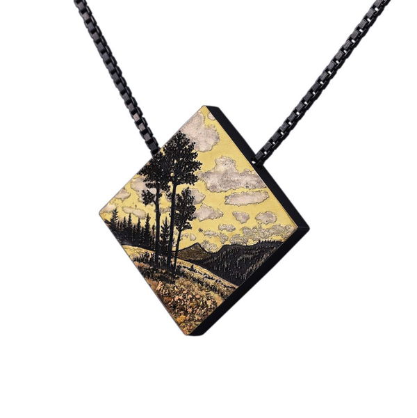 Closeup photo of “Rocky Mountain Memories” Pendant on Oxidized Adjustable Chain