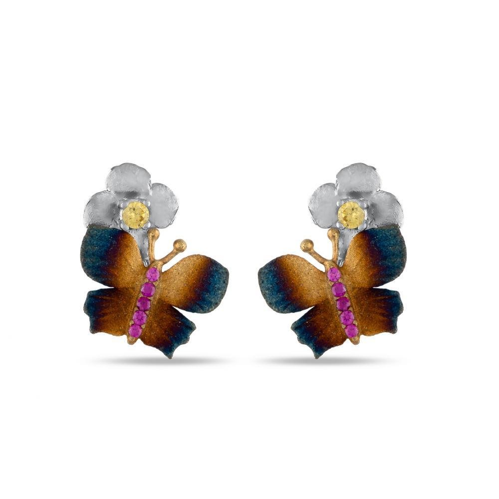 Butterfly and Flower CZ Sterling Silver Earrings