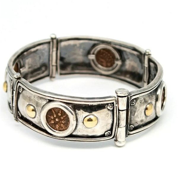 Closeup photo of 18K Gold Accents, Sterling Silver Flat Bracelet, Widows Mite, Ancient Prutah Coins, 7276