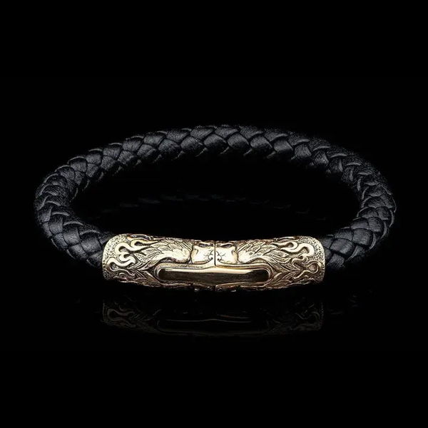 Closeup photo of Ramble on Bronze/black leather bracelet